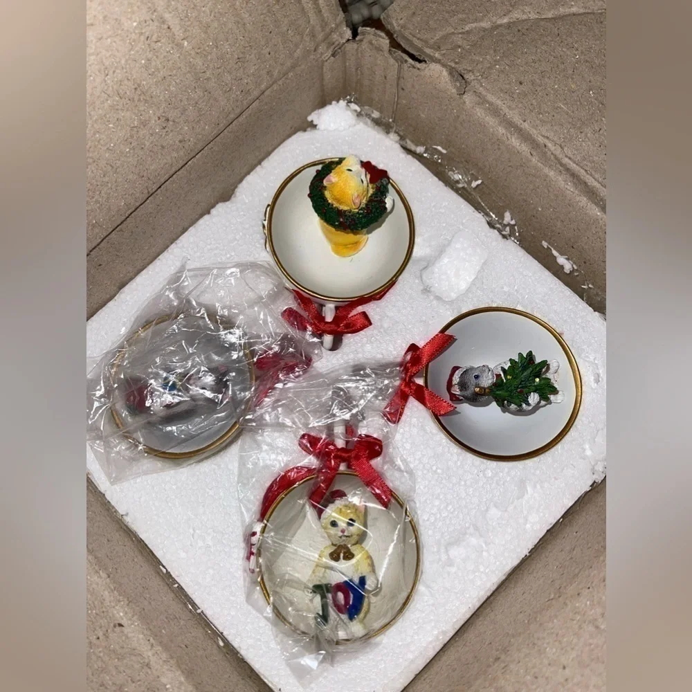 Cat Snowman Family Tea Cup Ornament Painted Resin Crafts Creative x4